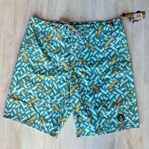 NWT Captain Fin Lasso Waist Board Shorts in Teal & Yellow
